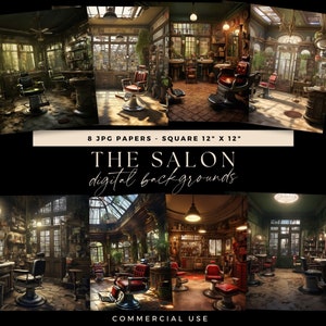 Tienda de salón, barbería vintage, fondo digital, telón de fondo de peluqueros, superposición ilustrativa del artista, diario basura, página de scrapbooking