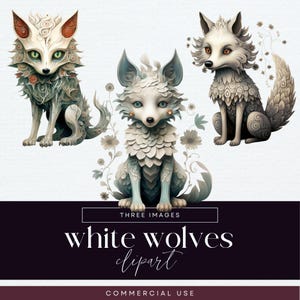 Fairytale Wolf Clipart, White Wolves Clip Art, PNG, Woodland Illustrations, Fairy Tale Junk Journal Graphics, Fantasy Animal Ephemera