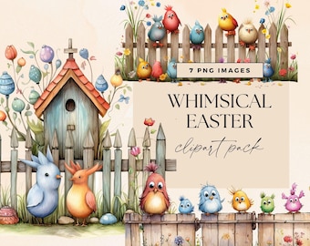 Whimsical Easter Clipart, Transparent PNG, Bright Quirky Bunny Egg Art, Whimsy Street Fence Clip Art, Seasonal Chick Junk Journal Ephemera