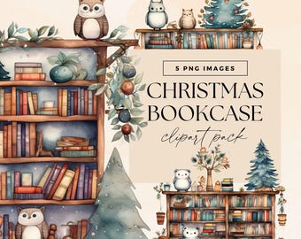 Christmas Bookshelf Clipart Pack, Watercolour Xmas Clip Art, Holiday Reading Graphics, Bookcase Library Graphics Bundle, Stack of Books PNG