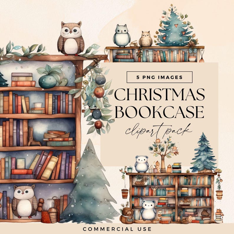 Library Xmas Vector Christmas Bookshelf Clipart Pack, Watercolour Xmas Clip Art, Holiday ...