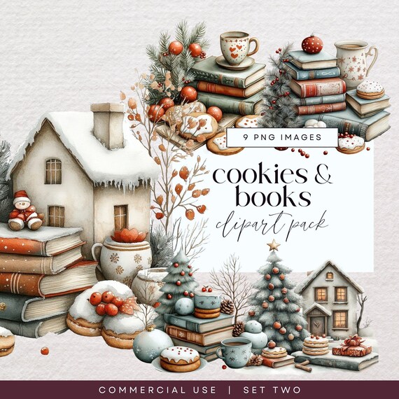 Christmas Cookie and Book Clipart, Holiday PNG Bundle, Festive Clip Art Crafts, Cozy Winter Graphics, Scrapbooking, Book Pile Illustrations
