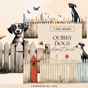 Whimsical Dog Clipart Bundle, Transparent PNG, Quirky Art, Cute Puppies on Street Fence Clip Art, Junk Journal Garden Ephemera, Puppy Fun