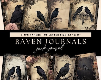Black Raven Junk Journal, Vintage Crow Pages, Digital DOWNLOAD, Book of Shadows Ephemera, Gothic Crow Scrapbooking Paper, Blackbird Journal