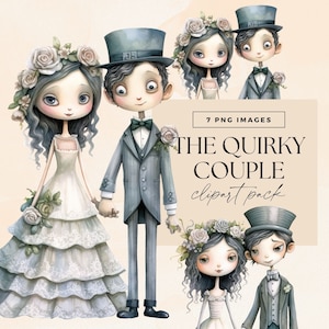 Quirky Couple Clipart, CYFROWE POBIERANIE, Dzień ślubu, Panna młoda i pan młody PNG, Clipart ślubny, Grafika małżeńska, Ilustracje zaproszeń
