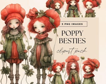Best Friends Clipart PNG, Poppy Girls Clip Art Pack, Cute Garden Dolls Junk Journal, Fantasy Garden Ephemera, Magic Woodland Flowers PNG