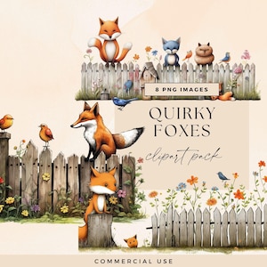 Whimsical Fox Clipart Bundle, Transparent PNG, Quirky Art, Cute Animals on Street Fence Clip Art, Junk Journal Garden Ephemera, Woodland Fun