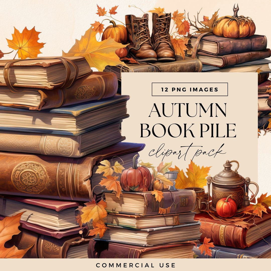 Autumn Books Clip Art Pack, Fall Leaves Library Clipart, Book Pile