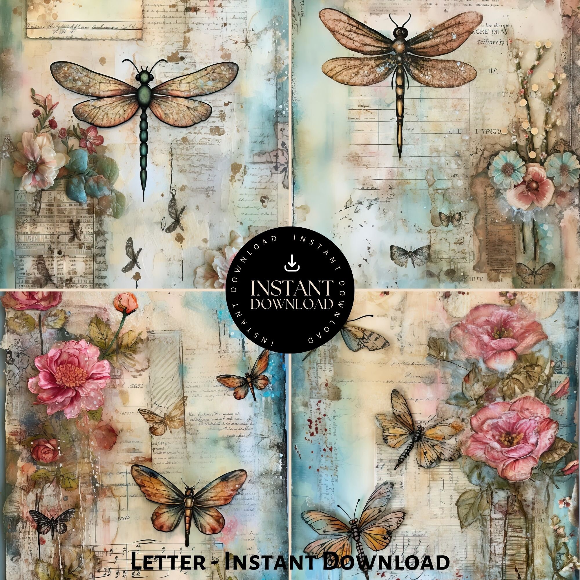 Dragonfly Digital Papers, INSTANT DOWNLOAD, Printable Garden Junk ...