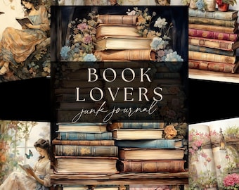 Pode incluir: Uma colagem com pilhas de livros antigos, arranjos florais e ilustrações de mulheres lendo. O texto "BOOK LOVERS junk journal" é exibido. A estética geral é romântica e vintage, com foco em literatura e arte.