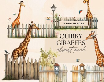 Cute Giraffe Clipart Illustrations, Whimsical Animal Art, Giraffe on Street Fence Clip Art, Safari Junk Journal Ephemera, Fun Quirky PNG