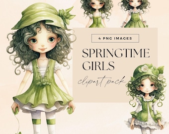 Paquete de imágenes prediseñadas de niña primaveral, PNG, imágenes prediseñadas de muñecas primaverales de acuarela, diario basura de bosque místico, efímeras de personajes de jardín bonitos