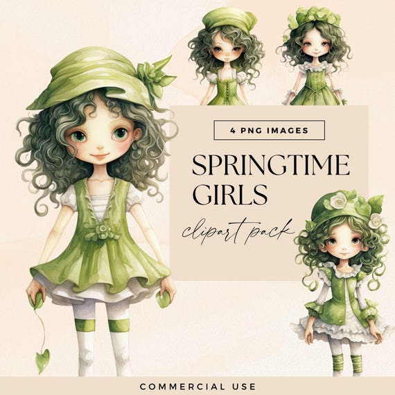 Spring Girl Clipart Pack, PNG, Watercolor Cute Springtime Dolls