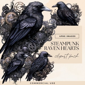 Steampunk Corbeau Clipart Kit, PNG Transparent, Junk Journal coeur éphémères, Bundle d'art clip mécanique, graphiques victoriens, Images d'oiseaux noirs
