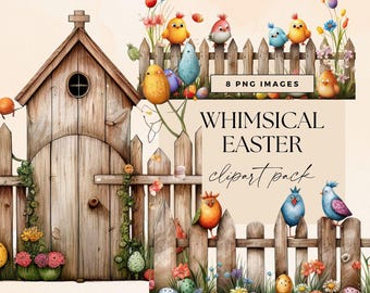 Whimsical Easter Clipart, Transparent PNG, Bright Quirky Bunny Egg Art, Whimsy Street Fence Clip Art, Seasonal Chick Junk Journal Ephemera
