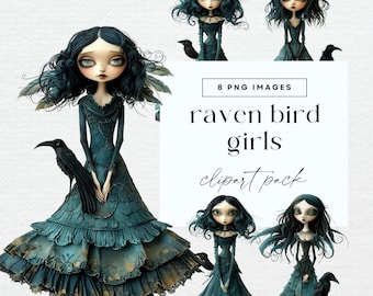 Raven Bird Girl Clipart, Gothic Watercolor Paper Dolls, Junk Journal Blackbird Characters, Goth Fairytale Art Graphic, Dark Fantasy Clip Art