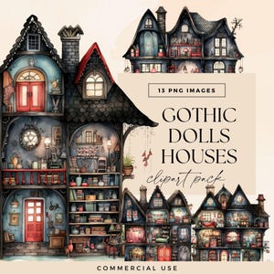 Gothic Doll House Clipart Pack, Halloween Dollshouse, Victorian Wooden Manor Clip Art, Vintage Haunted Home Illustrations, Transparent PNGs