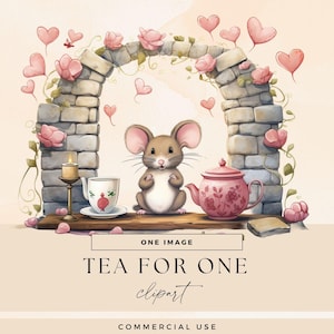 Garden Tea Party Clipart, Spring Mouse Clip Art, Transparent PNG, Whimsical Tea For One Invite Illustrations, Watercolor Floral Junk Journal image 1