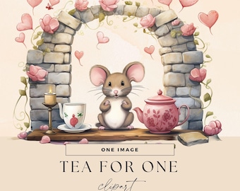 Garden Tea Party Clipart, Spring Mouse Clip Art, Transparent PNG, Whimsical Tea For One Invite Illustrations, Watercolor Floral Junk Journal