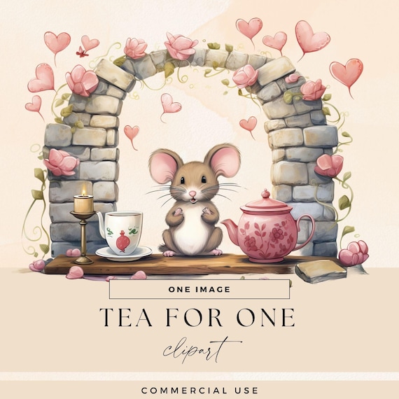 Garden Tea Party Clipart, Spring Mouse Clip Art, Transparent PNG, Whimsical Tea For One Invite Illustrations, Watercolor Floral Junk Journal