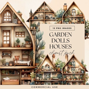 Pacote de clipart de casa de boneca de madeira, casas de bonecas de jardinagem, casa de brinquedo fofa de planta vintage, jogo de galpão de jardim, clipart de uso comercial, mini peculiar