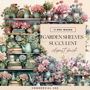Succulent Shelf Clip Art Pack, Gardening Clipart, Watercolor Clipart, Cactus Cabinet, Greenery Graphics, Commercial Use Plants, Botanical