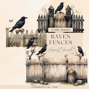 Whimsical Raven Clipart Bundle, Transparent PNG, Gothic Blackbird Art, Goth Crows on Street Fence Clip Art, Junk Journal Garend Ephemera