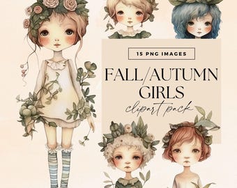 Fall Girls Clip Art Clipart Pack, Transparent PNGs, Watercolour Girl, Junk Journal Whimsy, Autumn Paper Dolls, Commercial, Botanical Art