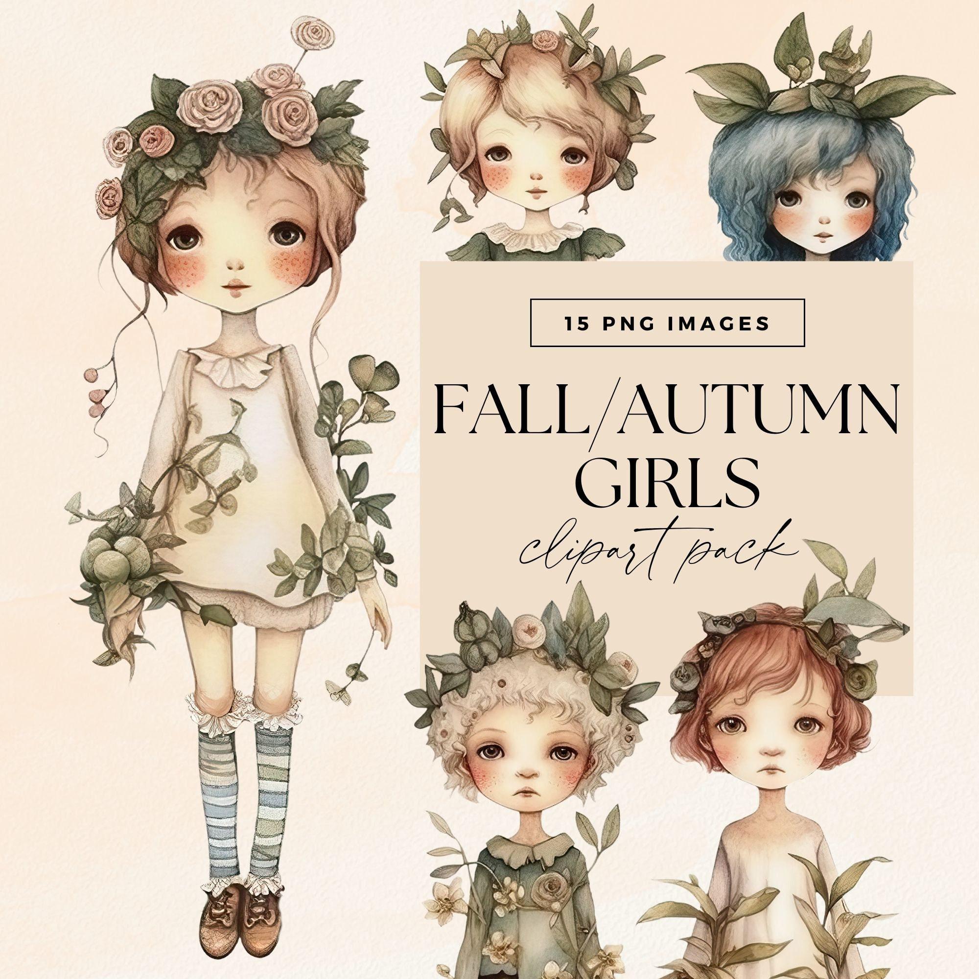 Fall Girls Clip Art Clipart Pack, Transparent Pngs, Watercolour
