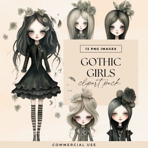 Gothic Girl Clipart, Transparent PNGs, Watercolor Paper Dolls, Junk Journal Halloween Characters, Commercial, Fairytale Art, CU Clip Art