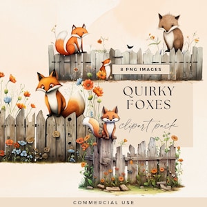 Bundle fantaisiste de cliparts renard, PNG transparent, art original, animaux mignons sur la clôture de la rue Clip Art, Junk Journal jardin éphémères, Woodland Fun