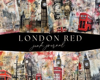 London Junk Journal-papper, vintagereseblad, digital nedladdning, Big Ben England scrapbooking, telefonkiosk-ephemera, röda bussar blandade tekniker