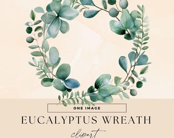Watercolor Eucalyptus Wreath Clipart, Botanical Clip Art, Transparent PNG, Greenery Wedding Invitation Illustrations, Flower Junk Journal