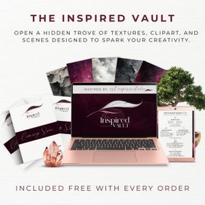 The image is an advertisement for a product called "The Inspired Vault", which includes a laptop, brochures, and a crystal. The product is described as a hidden trove of textures, clipart, and scenes designed to spark creativity. It is also mentioned that the product is included with every order.