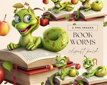 Bookworm Clip Art Pack, Reading Clipart Bundle, Books Reading Graphics, Bookish PNG, Commercial Use, Book Lovers Images Transparent