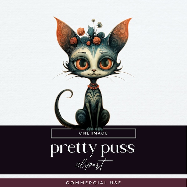 Quirky Cat Clipart, Transparent PNG, Mystical Kitten Clip Art, Pet Junk Journal Ephemera, Whimsical Animal Illustration, Pretty Puss Graphic