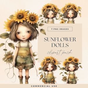 Pacote de clipart de menina de girassol, arte de clipe de convite floral de primavera, diário de lixo de bonecas de jardim fofas, jardim de fantasia de verão, flor mágica da floresta