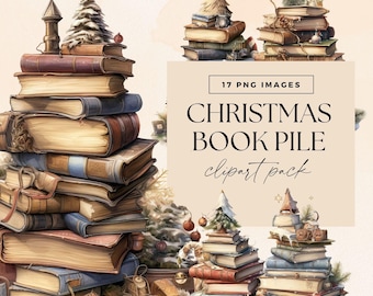 Paquete de imágenes prediseñadas de libros navideños, pila de libros navideños, imágenes prediseñadas de biblioteca, gráficos de lectura navideña, ilustraciones en acuarela, club de lectura de revistas basura