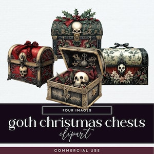 Clipart de baú de Natal de caveira gótica, PNG transparente, clipart de feriado exclusivo, caixas de presente escuras, baú de tesouro assustador, caixa de Natal gótica