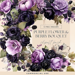 Clipart di bouquet di fiori viola e bacche, PNG trasparenti, illustrazioni di bouquet di nozze di rose, clipart floreale gotico scuro lunatico dell'acquerello