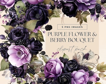 Purple Flower & Berry Bouquet Clipart, Transparent PNGs, Roses Wedding Bouquet Illustrations, Watercolour Dark Moody Gothic Floral Clip Art