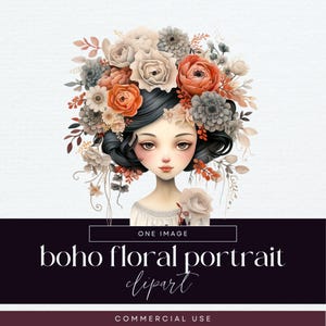Boho Floral Portrait Clipart, Pretty Girl Clip Art, PNG, Ilustração de Fantasia de Flor, Ephemera de Menina, Gráficos de Scrapbook de Boneca Caprichosa