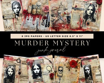 Diario basura de crímenes, páginas de juegos de misterio y asesinato, descarga digital, papel de álbum de recortes de periódico, efímeras de archivos criminales, gráficos para cenas