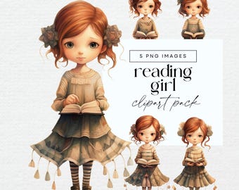 Mädchen liest Buch Clipart, Buch Mädchen Clip Art Pack, transparente PNG, Bibliothekar Papierpuppe Illustrationen, Bibliothek Mädchen Ephemera Grafiken