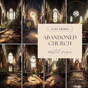 Verlaten kerk digitale achtergronden, INSTANT DOWNLOAD, rustieke ramen jpg 300 dpi, Letter-formaat grunge, afdrukbare junk Journal, vintage kerkbanken
