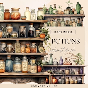 Potion Bottles Clipart Pack, Apothecary Shelves Clip Art, Mystical Illustration, Magical Spells Junk Journal, Witchcraft Graphics, Fantasy