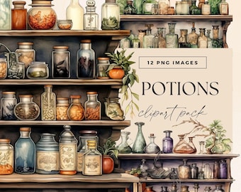 Potion Bottles Clipart Pack, Apothecary Shelves Clip Art, Mystical Illustration, Magical Spells Junk Journal, Witchcraft Graphics, Fantasy