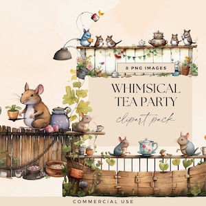 Bundle de cliparts tea party animaux, PNG Transparent, art original de souris, clipart lunatique clôture de rue, éphémères de jardin de Junk Journal, plaisir des animaux