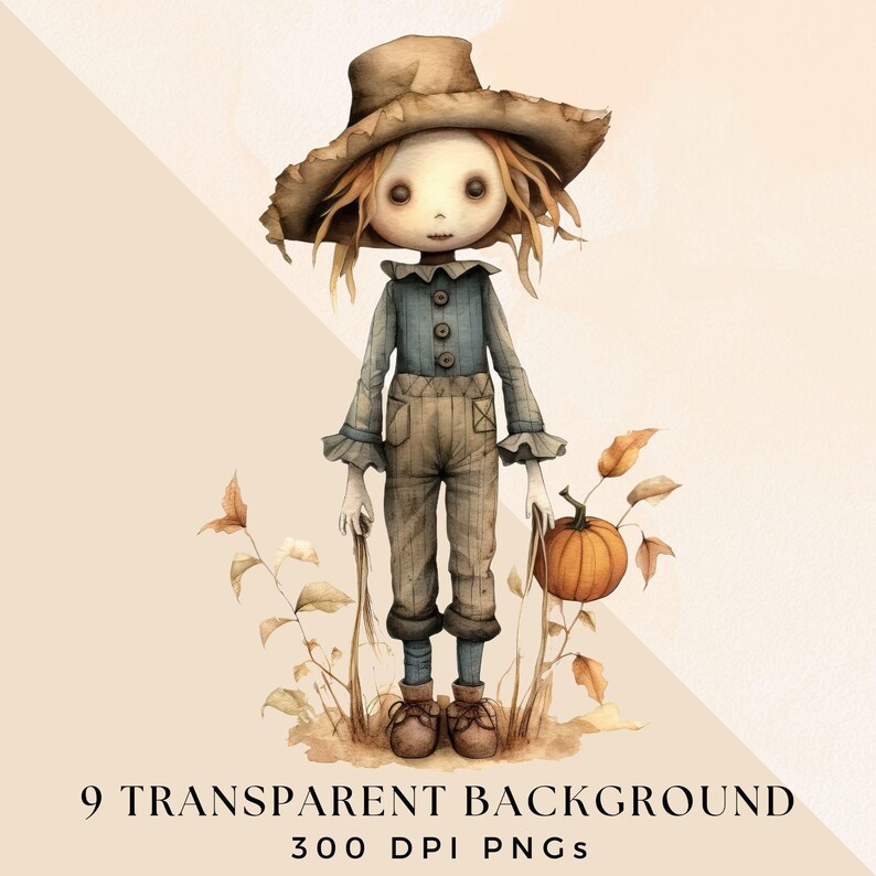Clipart Scarecrow Boys, transparante PNG, Fall Field Dolls-illustraties, aquarel herfstillustraties, Thanksgiving Junk Journal-afbeeldingen afbeelding 4