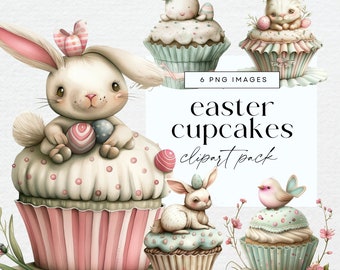 Watercolour Easter Cupcake Clipart, Transparent PNG, Pastel Easter Bunny Clip Art, Whimsical Bakery Illustration, Bunny Junk Journal Graphic